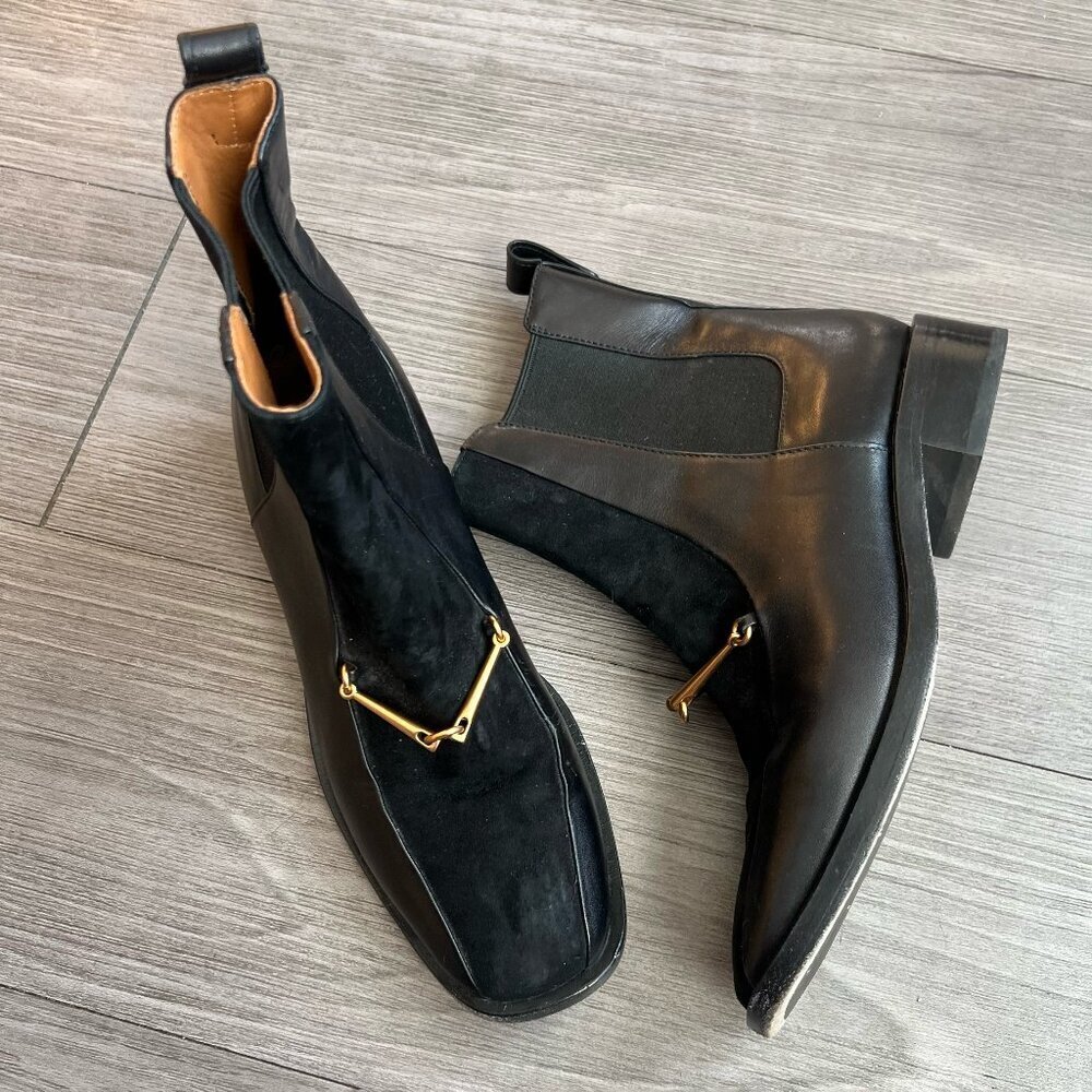 Tory Burch Equestrian Link Chelsea Boots Black Leather Suede Size W5